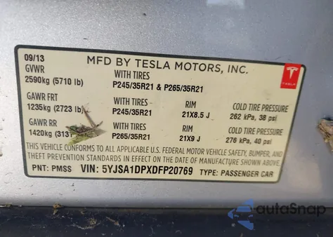 2013 Tesla Model S Performance из США, поврежденный, VIN 5YJSA1DPXDFP20769